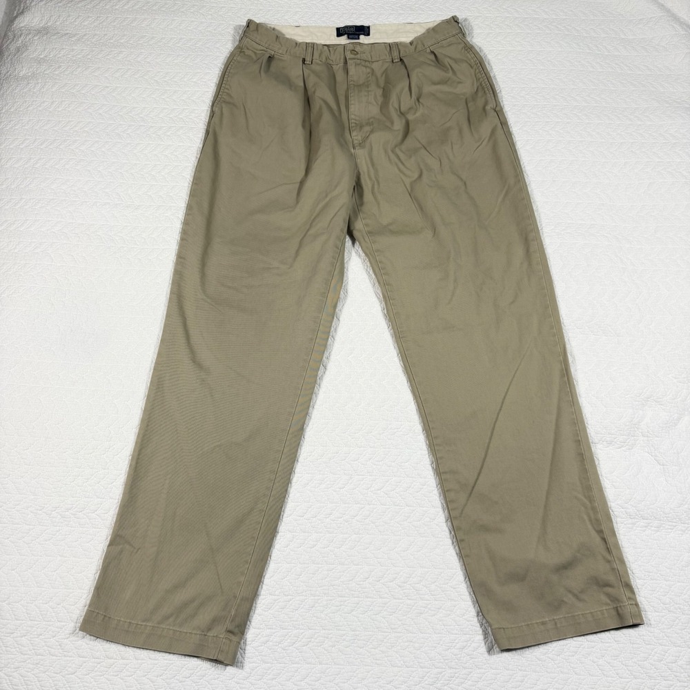 Vtg Polo Ralph Lauren Andrew Pant Mens Chinos 36x33 Pleated Cotton Khaki Tan EUC - Picture 3 of 11